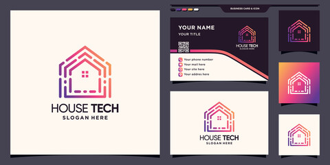 Wall Mural - House technology logo with modern unique linear style and business card design Premium vector