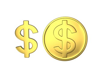 Gold coin and sign dollar on a white background 3d-rendering