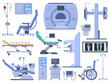 Hospital medical diagnostic healthcare equipment tools. Dentist chair, wheelchair, blood transfusion, cardiograph, ultrasound, x-ray machine vector symbols set