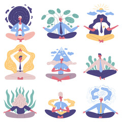 Office people group meditation yoga lotus posture. Meditation relaxing practicing office people vector illustration set. Business people yoga practice