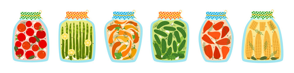 different glass jars with pickled vegetables. vector illustration