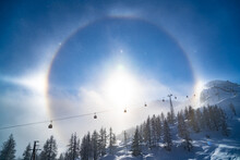 Sun Halo / Sundogs Optical Phenomenon In Winter Wonderland, Zauchensee Ski Resort, Salzburg, Austria