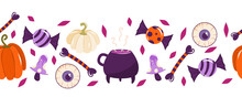 Seamless Border For Halloween With Candies, Pumpkins, Bones, An Eyeball And A Witch's Cauldron. Vector Illustration Of A Seamless Pattern.