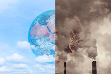 Pollution Earth Compare With Clean Earth For Greenhouse Effect And Global Warming Crisis Awareness Concept.Elements Of This Image Furnished By NASA.