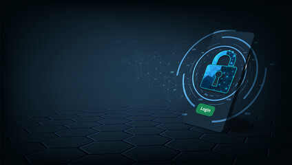 Fototapete - Mobile data security concept.Smartphone with Padlock lock symbol on dark blue background.Financial transactions protection system or thefts and hacker attacks on smartphone. 