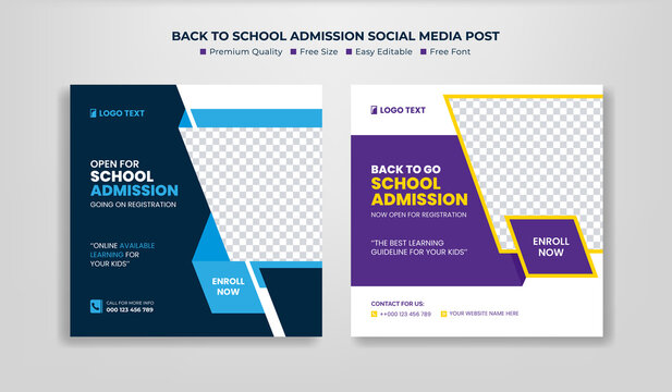 School Students Admission social media post, promotional discount Back to school admission social media post banner template Design.Back to School admission by social media Instagram,Facebook post kit