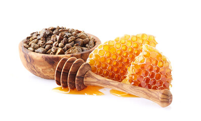 Poster - Honeycombs with propolis on white background