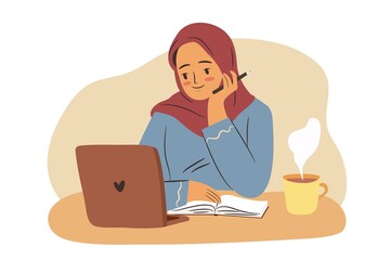 Muslim student girl with laptop studying. Young arab woman in hijab at computer with a cup of tea or coffee. Hand drawn flat illustration.