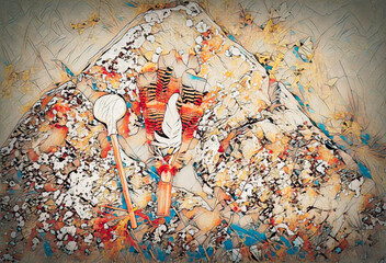 Poster - Shamanic rattle and shamanic feathers on denim in nature and mosaic structure.