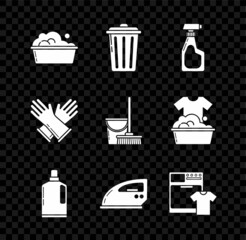 Wall Mural - Set Plastic basin with soap suds, Trash can, Cleaning spray bottle detergent liquid, bottles for dishwashing, Electric iron, Washer and t-shirt, Rubber gloves and Mop bucket icon. Vector