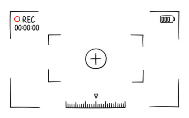 Hand drawn viewfinder frame of camera. Screen of video recorder digital display. Device design template. Vector illustration isolated on white background in doodle style.