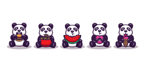 Wall Mural - Set of cute panda eating delicious food