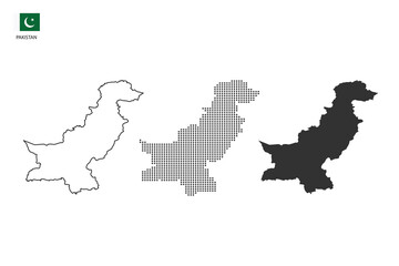 3 versions of Pakistan map city vector by thin black outline simplicity style, Black dot style and Dark shadow style. All in the white background.