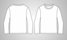 Long Sleeve Round Neck Technical Sketch Flat Fashion T-shirt Front And Back View . Apparel Dress Design CAD Mock Up Vector Illustration Template.