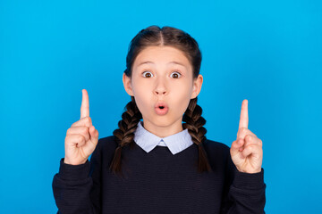 Sticker - Photo of shocked amazed schoolgirl with braids point fingers up advertisement isolated on blue color background