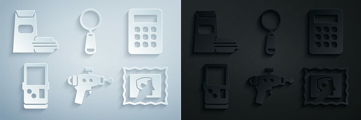 Poster - Set Ray gun, Calculator, Tetris, Postal stamp, Magnifying glass and Burger icon. Vector