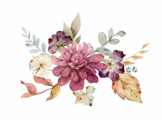 Wall Mural - Watercolor vector bouquet with burgundy autumn flowers and leaves.