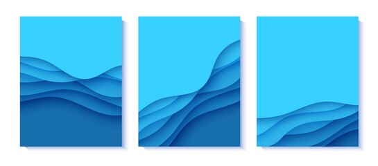 Wall Mural - Set of flyers with blue waves in paper cut style. Collection of three papercut art empty banners for environment or World Water day. Vector advertising poster template for Save the Oceans day 8 june.