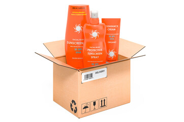 Poster - Sunscreen products inside parcel. 3D rendering