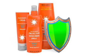 Poster - Sunscreen products with shield, SPF protect concept. 3D rendering