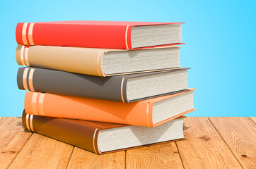 Wall Mural - Stack of colored books on the wooden planks, 3D rendering