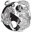 Tiger versus Chinese dragon in the yin yang symbol of harmony and balance. Black and white Tattoo. Graphic style vector illustration 