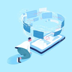 Aufkleber - Man looking at giant smartphone and vortex of messages. Concept of information flow, internet communication via messenger, data transfer, online instant messaging. Modern flat vector illustration