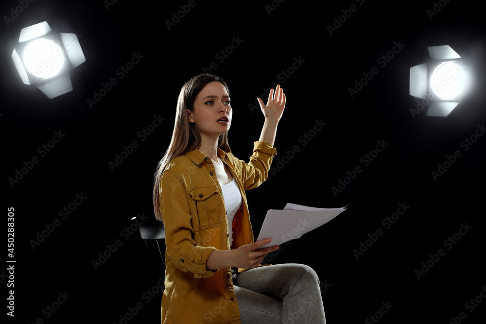 Professional actress rehearsing on stage in theatre - obrazy, fototapety, plakaty 