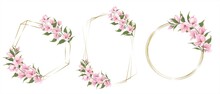 Vector Floral Frames For Cards And Invitations. Branches Of Pink Sakura, Magnolia. Collection Of Frames With Pink Flowers On White Background. 