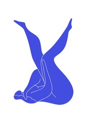 Poster - Trendy Matisse-inspired minimalist poster with blue female silhouette isolated on white background. Abstract contemporary wall art with relaxed naked woman. Colored flat vector illustration