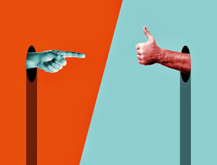 Abstract Hands over vivd color background. Index finger points on thumb up. Provocative modern design with positive context. Сontemporary art collage in trendy urban minimalistic magazine style.