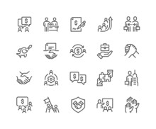 Simple Set Of Business Cooperation Related Vector Line Icons. Contains Such Icons As Partnership, Synergy, Interaction And More. Editable Stroke. 48x48 Pixel Perfect.