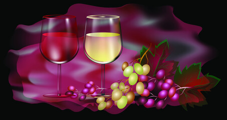 Vector illustration of two glasses of wine, red and white. Silk backdrop and grapes 