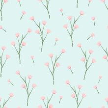 Seamless Pattern With Pink Flowers On Green Background Vector Illustration.
