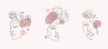 Vector Set Of Women Faces, Line Art Illustrations, Logos With Flowers And Leaves, Feminine Nature Concept. Use For Prints, Tattoos, Posters, Textile, Logotypes, Cards Etc. Beautiful Women Faces.