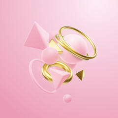 Poster - Pink and golden geometric shapes cluster. Abstract elegant composition