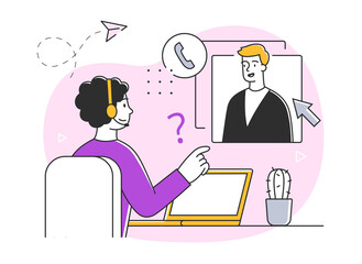 Poster - young male character working in customer support. collection of scenes at office. workers taking par