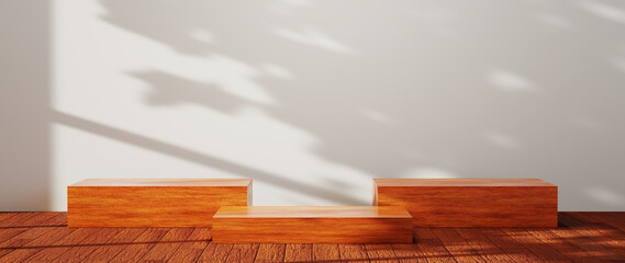 Poster - 3D rendering of Three square wooden podiums for displaying products background. Mockup for show product.