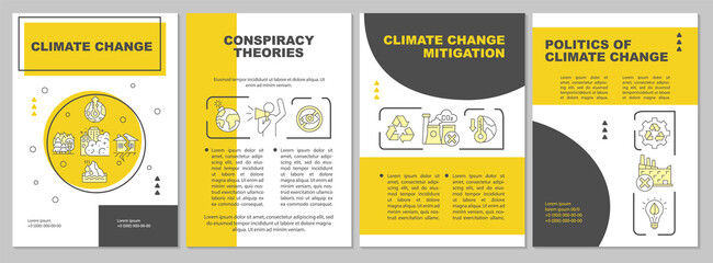 Climate change mitigation brochure template. Conspiracy theory. Flyer, booklet, leaflet print, cover design with linear icons. Vector layouts for presentation, annual reports, advertisement pages