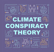 Climate conspiracy theory and green scam word concepts banner. Infographics with linear icons on purple background. Isolated creative typography. Vector outline color illustration with text