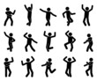 Happy stick figure man dancing hands up different poses vector icon set. Stickman enjoying, jumping, having fun, party silhouette pictogram on white background