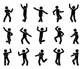 happy stick figure man dancing hands up different poses vector icon set. stickman enjoying, jumping,