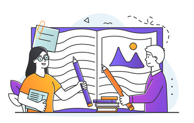 Poster - young male and female characters writing in huge notebook together. concept of journaling, personal 