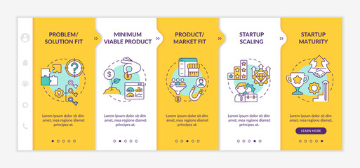 Wall Mural - Startup lifecycle stages onboarding vector template. Product, market fit. Responsive mobile website with icons. Web page walkthrough 5 step screens. Business color concept with linear illustrations