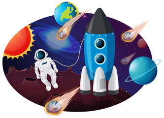 Wall Mural - Rocket ship with many planets and asteroids