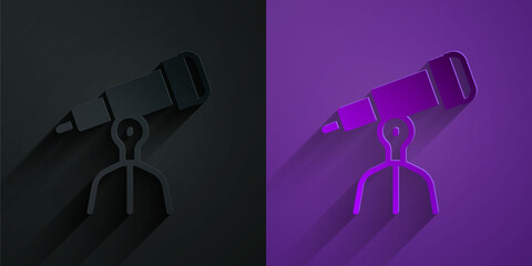 Poster - Paper cut Telescope icon isolated on black on purple background. Scientific tool. Education and astronomy element, spyglass and study stars. Paper art style. Vector