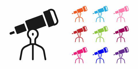 Poster - Black Telescope icon isolated on white background. Scientific tool. Education and astronomy element, spyglass and study stars. Set icons colorful. Vector