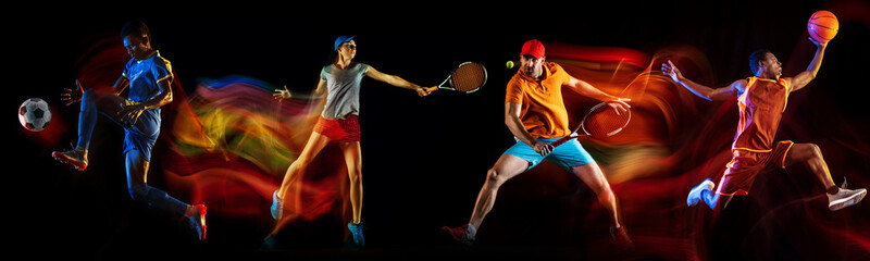 Development of motions of different kinds of sport games. Young men in action isolated over dark background in neon mix colored light.