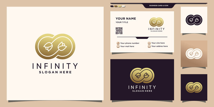 Symbol of infinity and flower rose logo with negative space concept and business card design Premium Vector