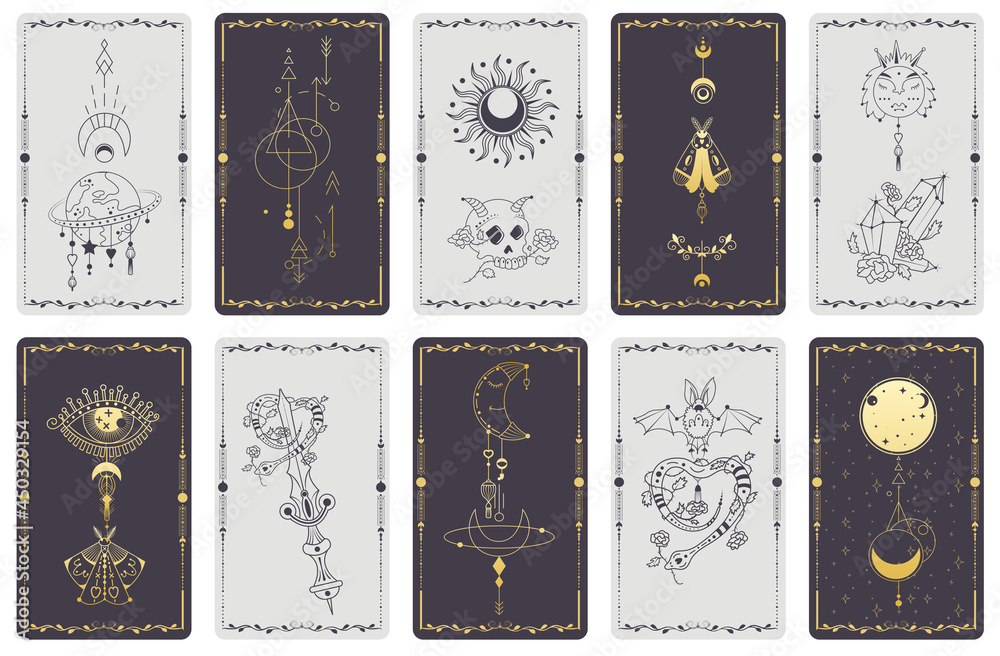 A set of alchemical esoteric mystical magic templates for tarot cards, banners, leaflets, posters,brochures, stickers. Esoteric linear engravings with astrological symbols. Cards with esoteric symbols - obrazy, fototapety, plakaty 
